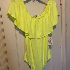 Neon Yellow Off-Shoulder Ruffle Bodysuit